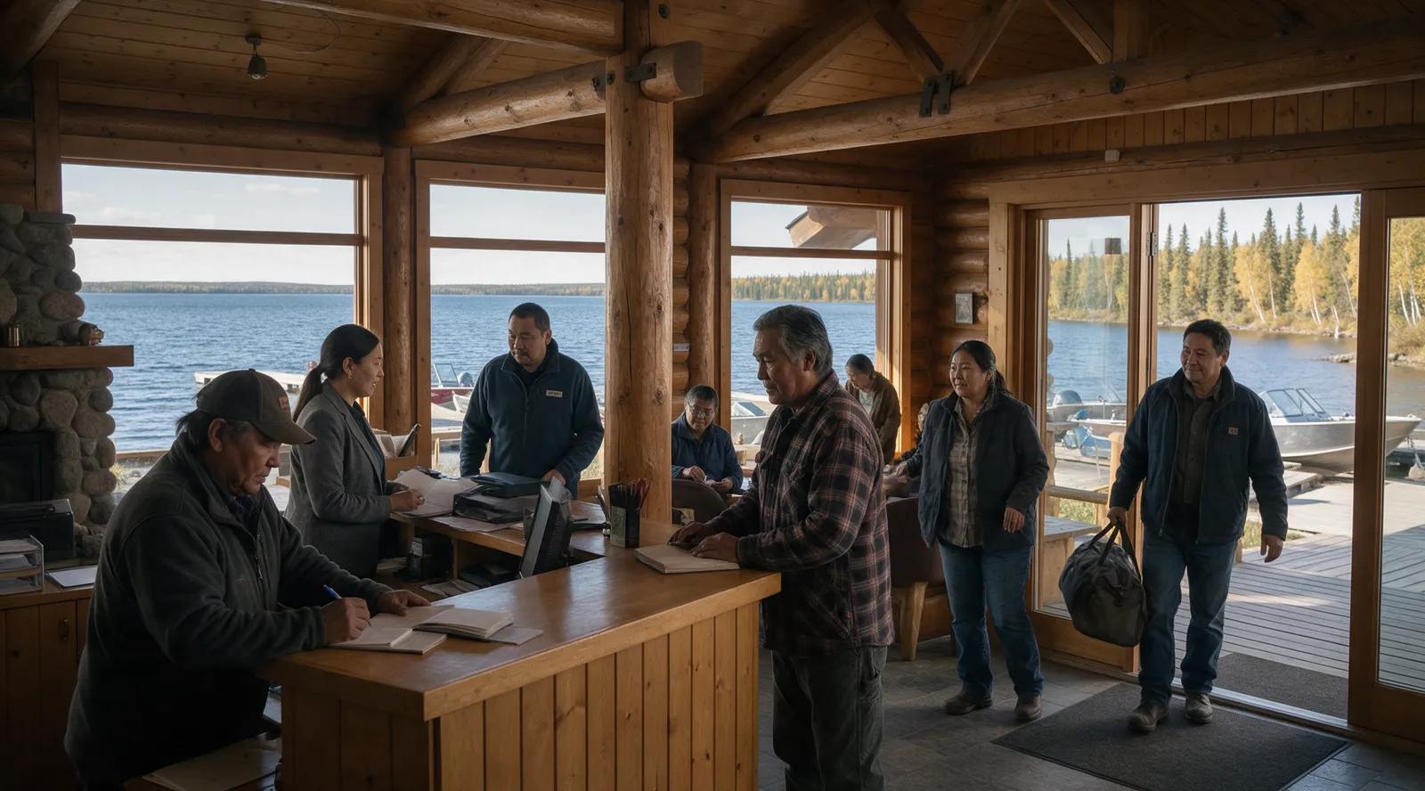 Staff and guests at the front desk of a lakeside log fishing lodge