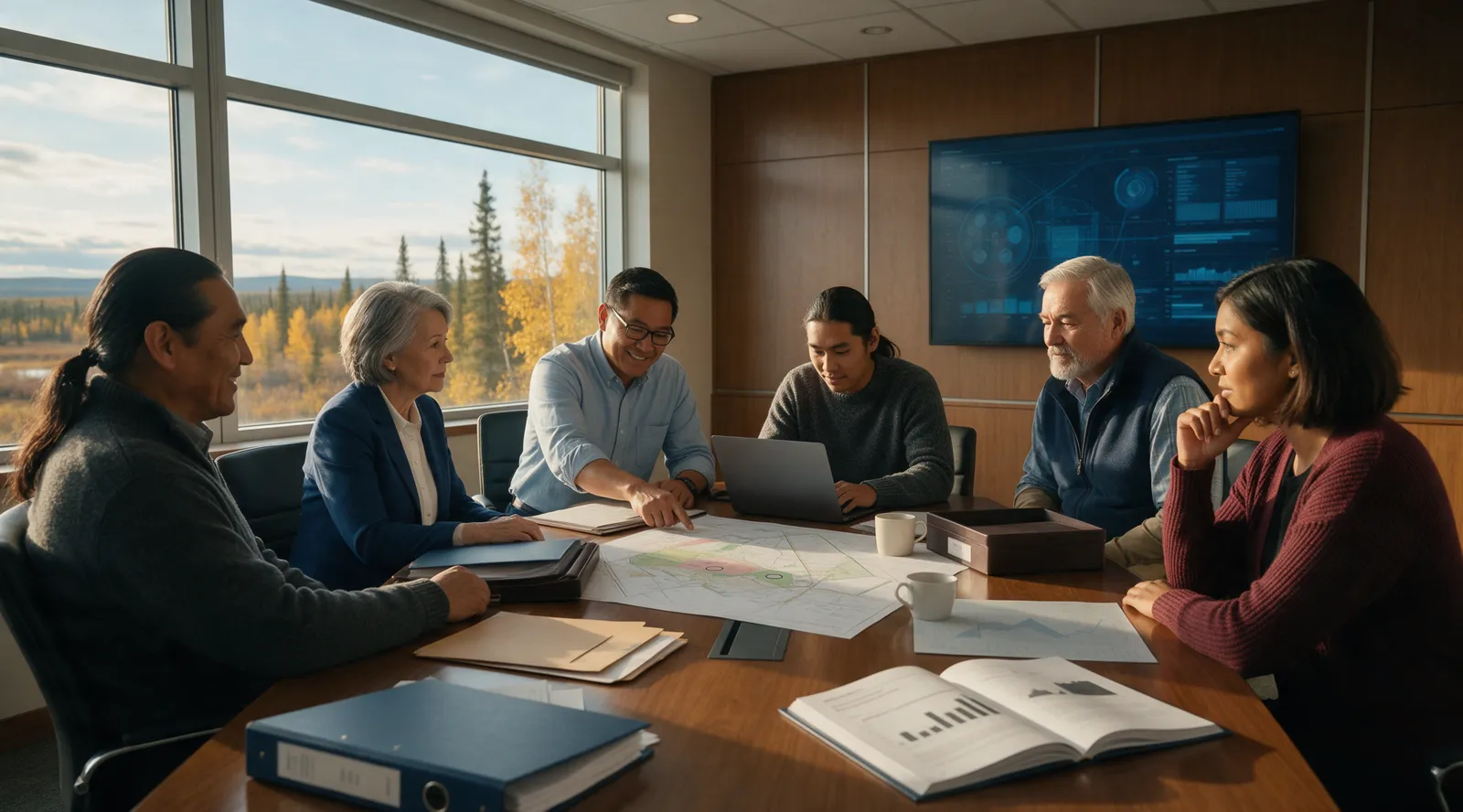 Senior colleagues reviewing illustrative project and cash-flow analysis